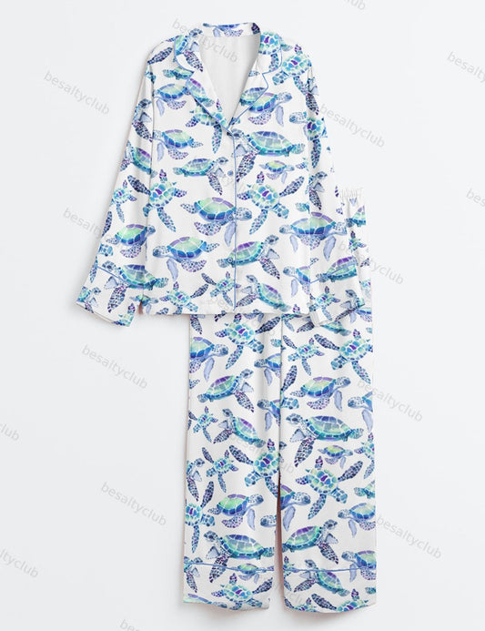 Sea Turtles Summer Sea Life Animal Print Long Sleeve Satin Pajama Set