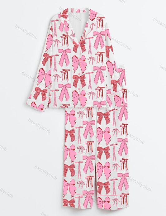 Pink Coquette Bow Long Sleeve Satin Pajama Set