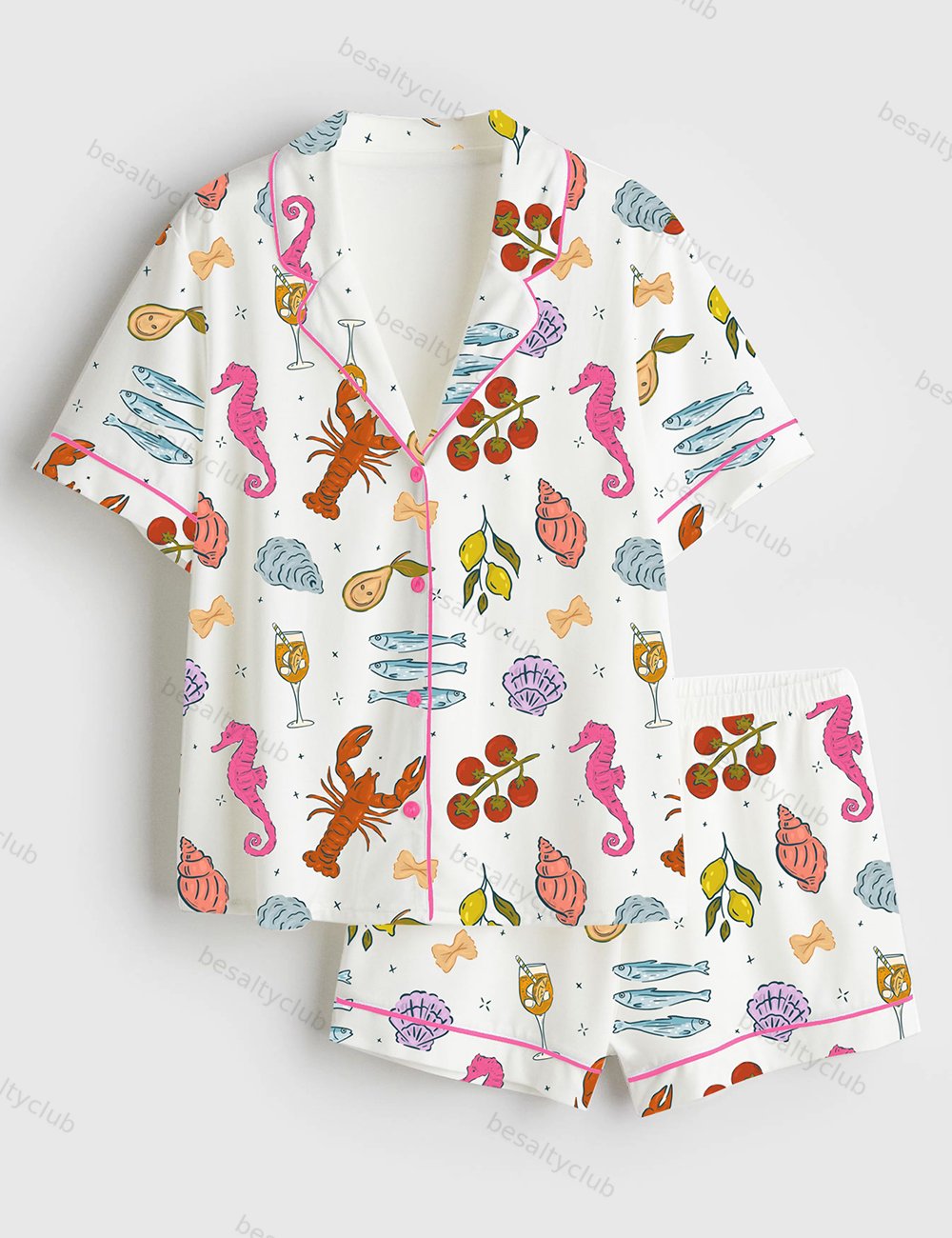 Italian Summer Beach Mediterranean La Dolce Vita European Coastal Print Short Sleeve Satin Pajama Set