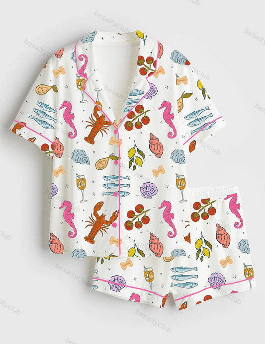 Italian Summer Beach Mediterranean La Dolce Vita European Coastal Print Short Sleeve Satin Pajama Set