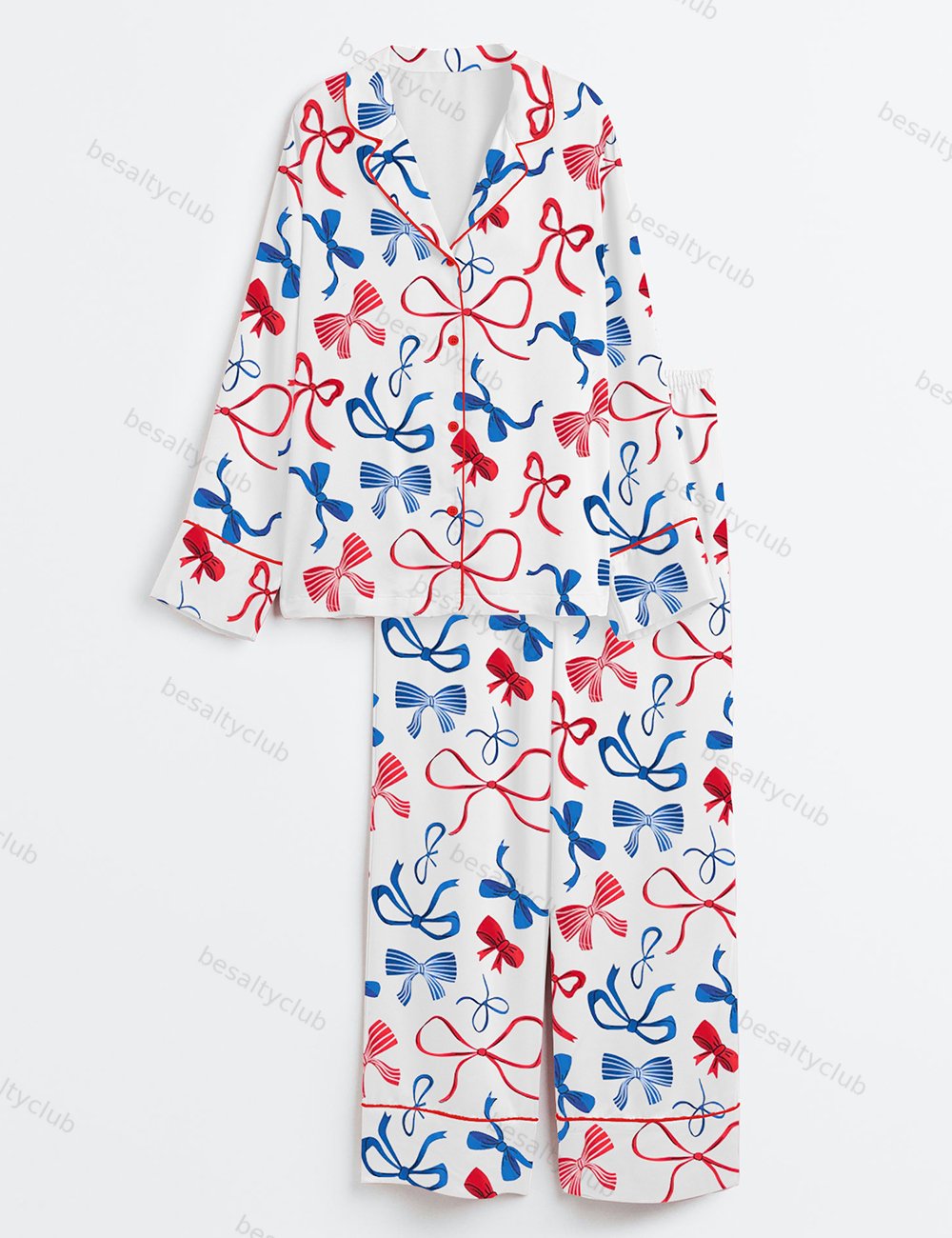 Red White And Blue Coquette Bow 4th Of July Long Sleeve Satin Pajama Set