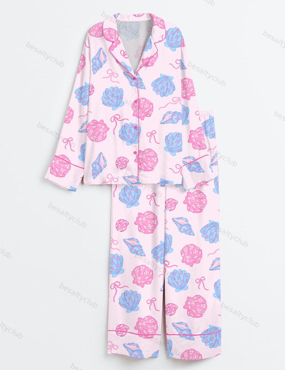 Coquette Seashells Retro Summer Beach Vintage Vibes Print Long Sleeve Satin Pajama Set