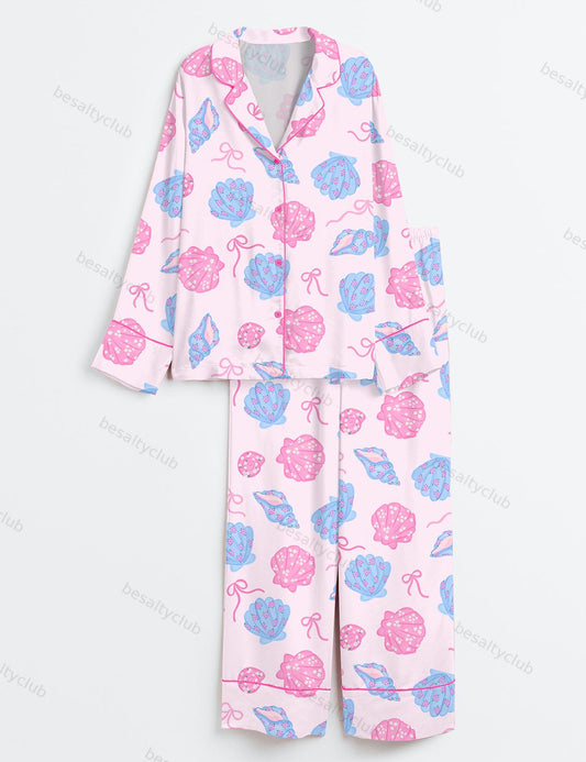 Coquette Seashells Retro Summer Beach Vintage Vibes Print Long Sleeve Satin Pajama Set