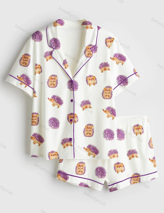 Cute Hedgehog Short Sleeve Satin Pajama Set