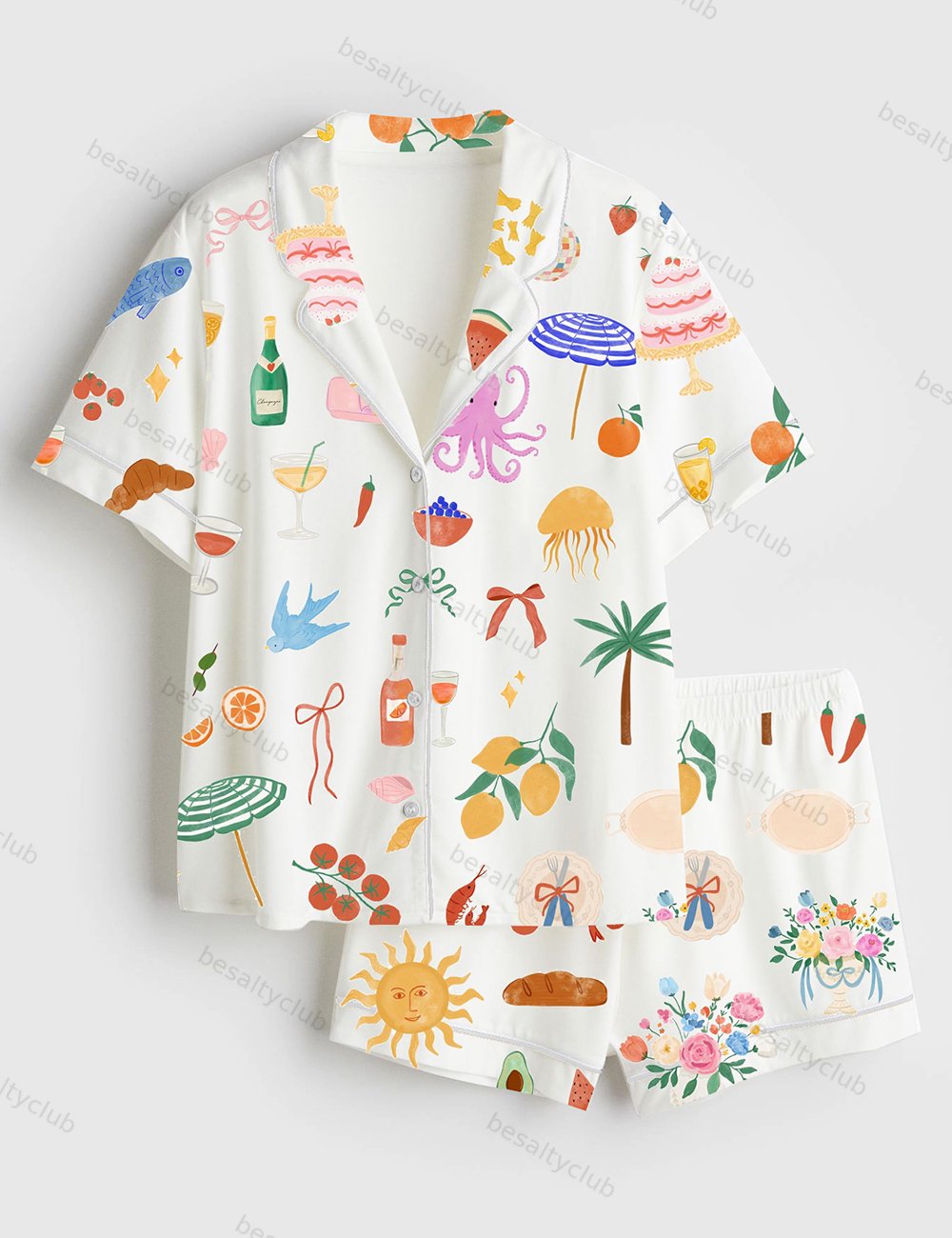 Whimsical Hand-Drawn Summer Wedding Short Sleeve Satin Pajama Set