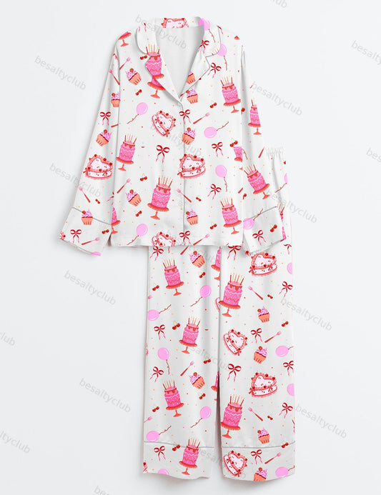 Happy Birthday Cake Long Sleeve Satin Pajama Set