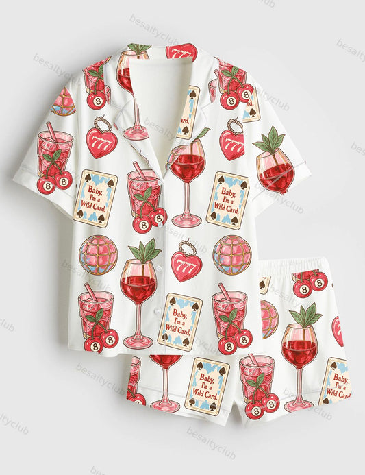 Western Wild Card Cherry Retro Coquette Western Collage Trendy Western Print Short Sleeve Satin Pajama Set