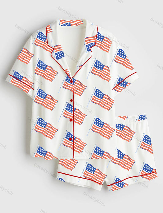 American Flag 4th Of July Short Sleeve Satin Pajama Set