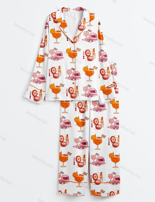F1 Cocktail Helmet Long Sleeve Satin Pajama Set