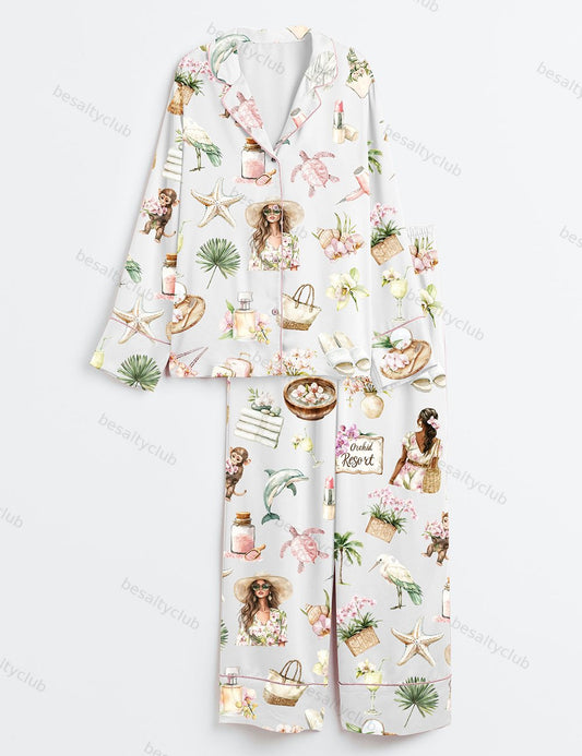 Watercolor Summer Vacation Orchid Spa Resort Travel Summer Vibes Print Long Sleeve Satin Pajama Set