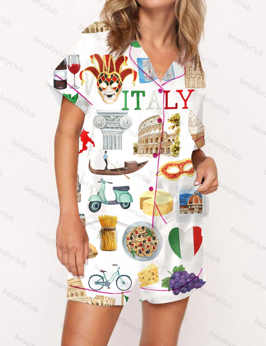 Italy Roma Travel Silky Satin Pajama Short Set