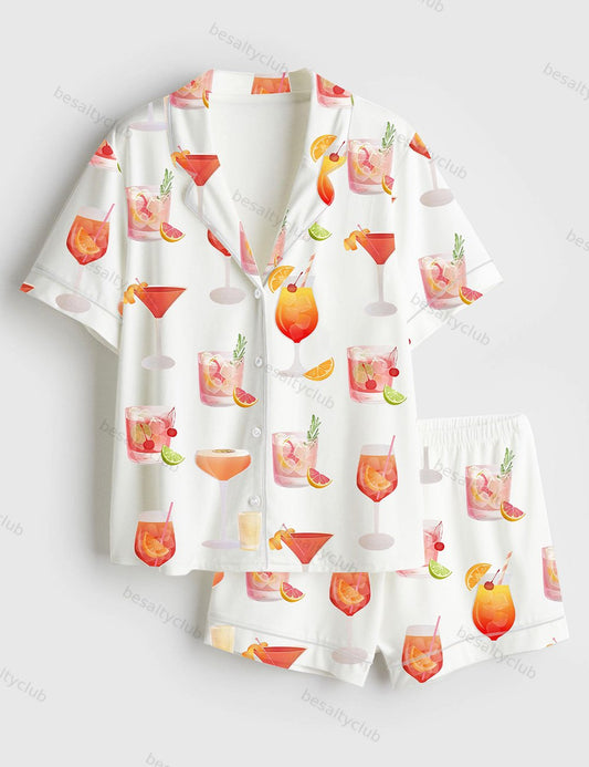 Watercolor Cocktail Drinks Summer Beach Lemon Drop Martini Wedding Cocktail Print Short Sleeve Satin Pajama Set