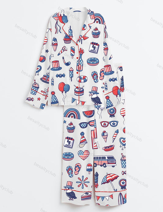 Stars And Stripes 4th Of July Independence Day Patriotic Illustration Long Sleeve Satin Pajama Set