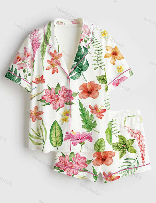 Watercolor Tropical Flowers And Leaves Hawaii Wedding Short Sleeve Satin Pajama Set