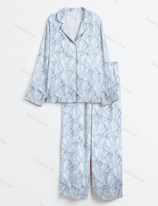 Seashell Coastal Blue Vintage Coastal Granddaughter Aesthetic Summer Beach Vibes Print Long Sleeve Satin Pajama Set