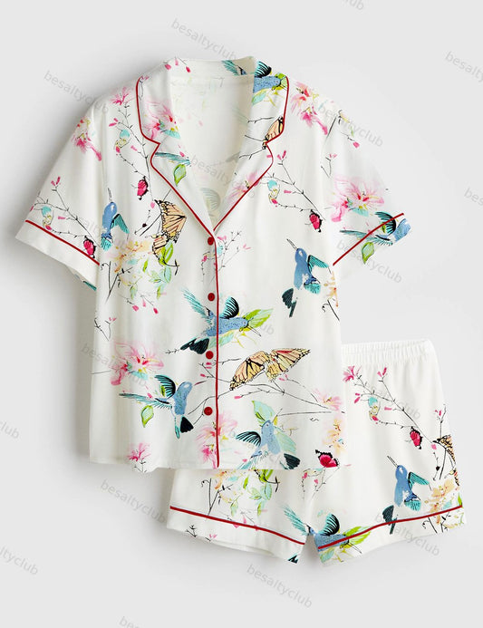 Bird And Butterfly Short Sleeve Satin Pajama Set