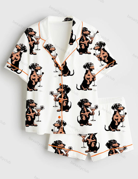Martini Cocktail Lover Dachshund Cocktail Weenies Short Sleeve Satin Pajama Set
