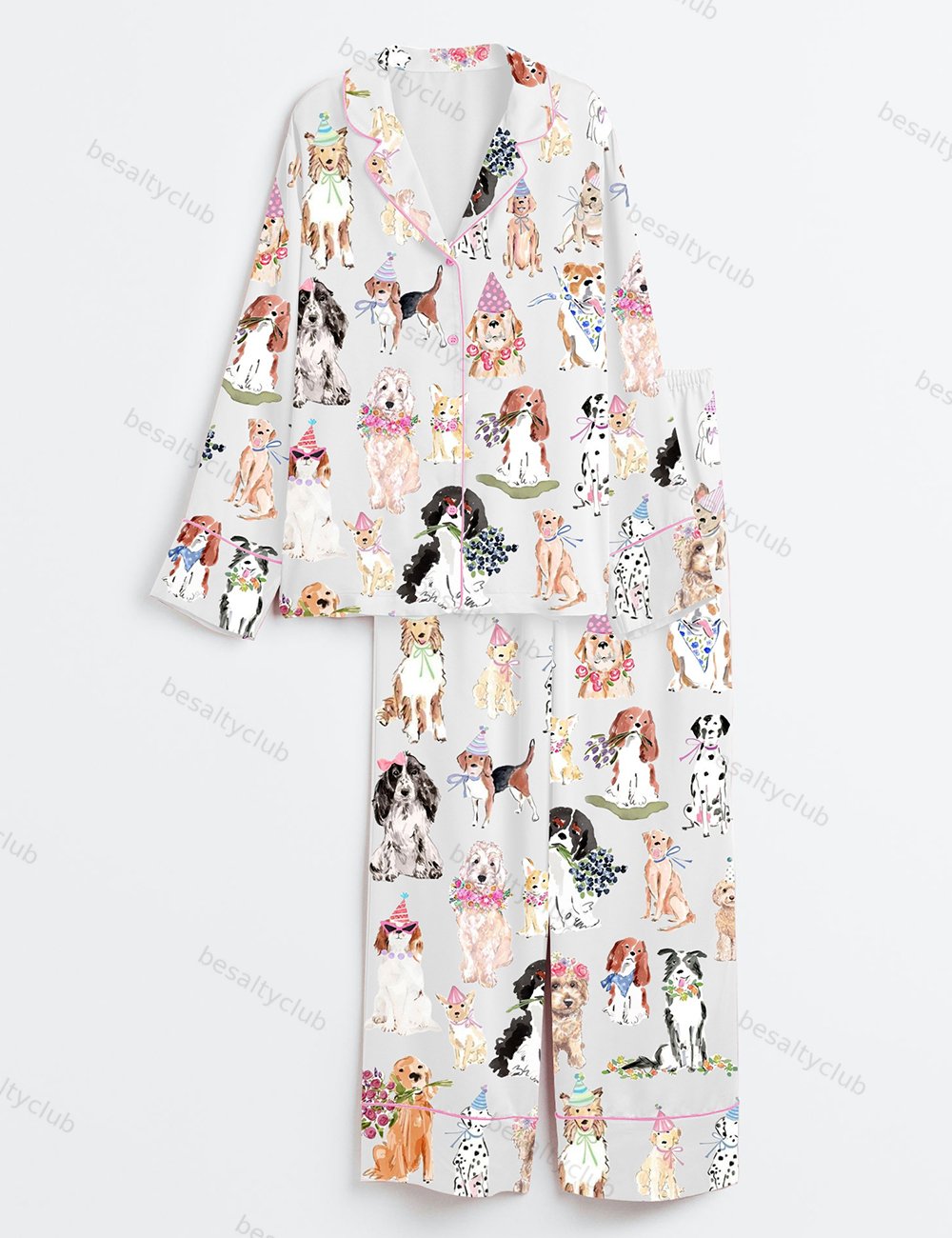 Happy Dog Flower Dog Coquette Dog Long Sleeve Satin Pajama Set