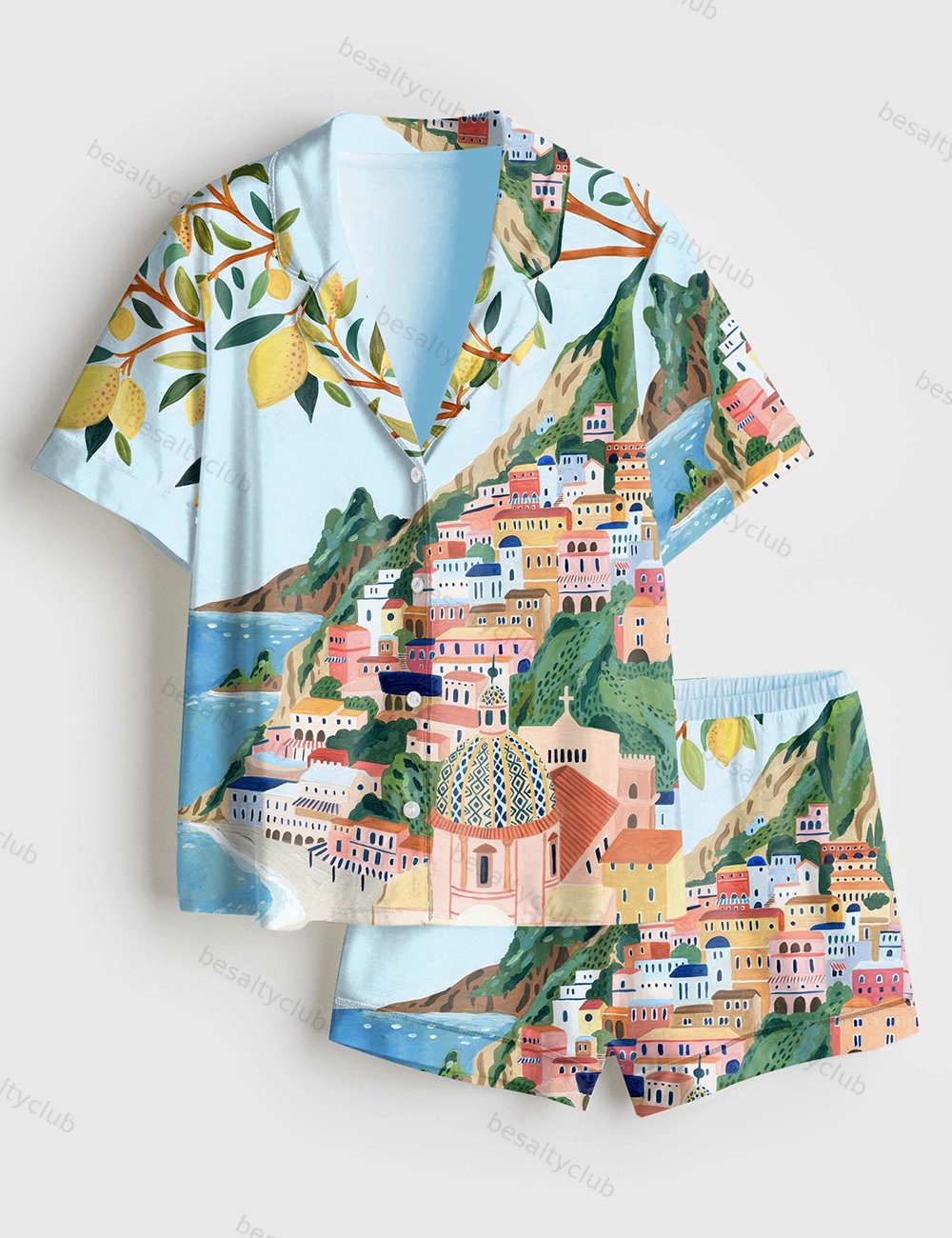 Positano Italy Travel Amalfi Coast Italy Roma Summer Beach Print Short Sleeve Satin Pajama Set
