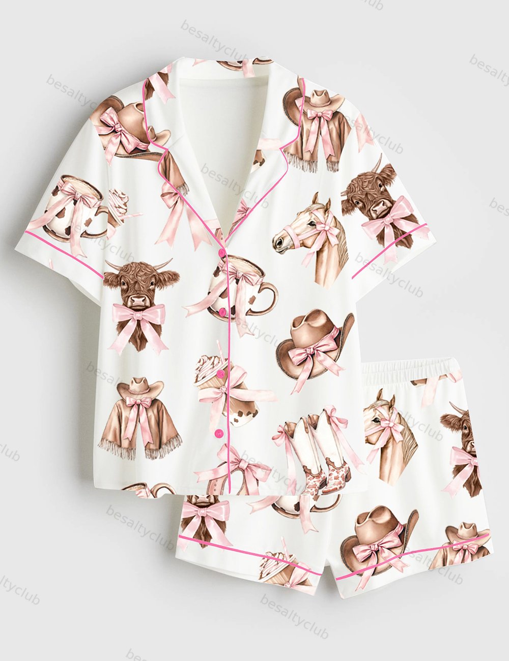 Western Cowgirl Highland Cow Short Sleeve Satin Pajama Set