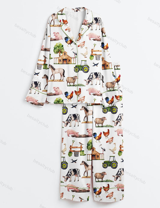 Watercolor Allover Farm Animals Long Sleeve Satin Pajama Set
