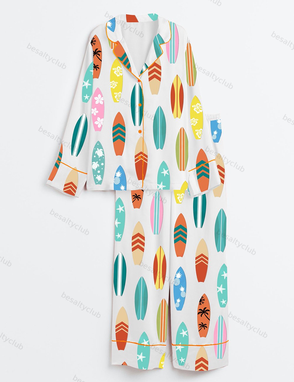 Surfboard Beach Wave Hawaii Surf Summer Beach Life Print Long Sleeve Satin Pajama Set