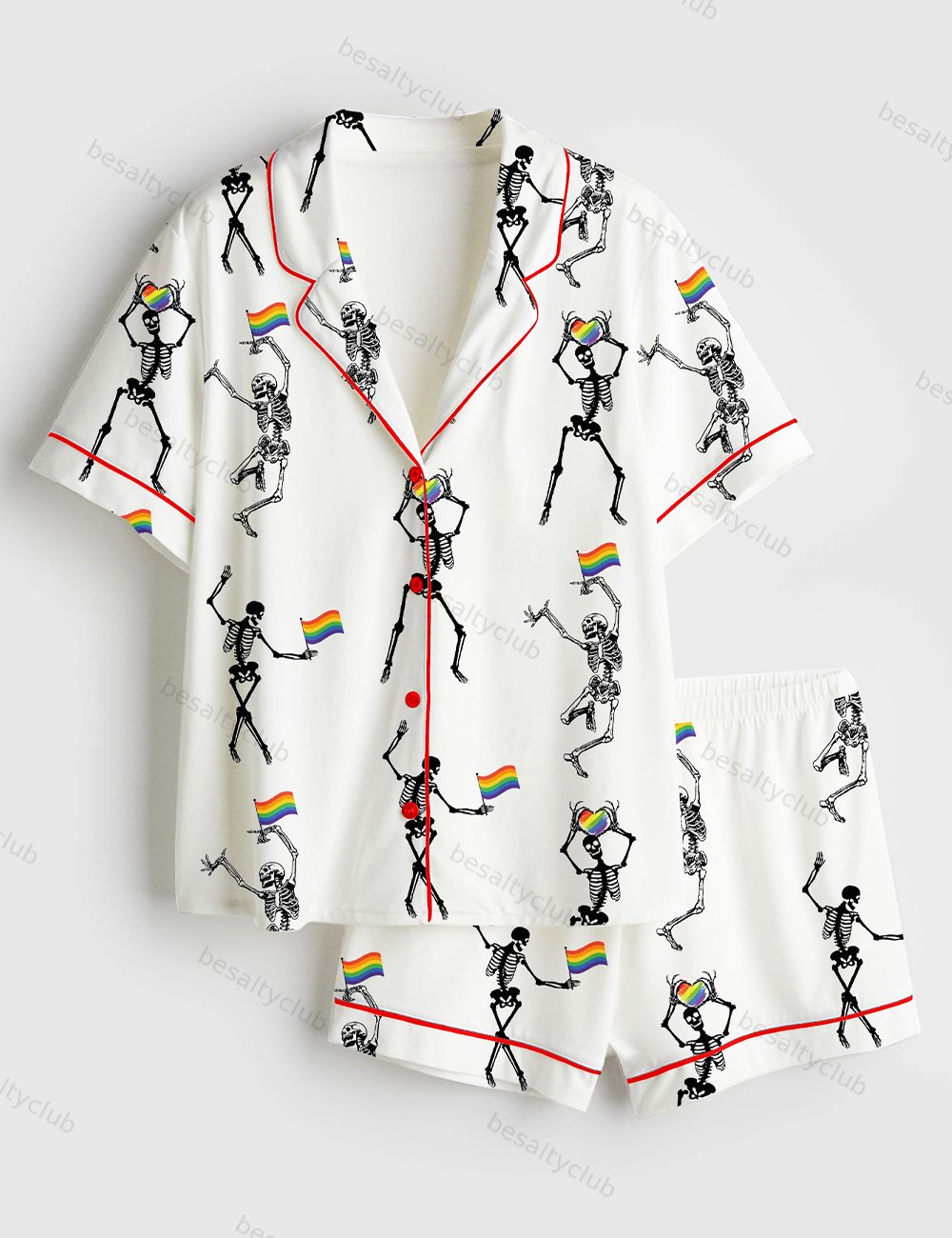 Skeleton Pride Rainbow LGBTQ Funny Gay Pride Print Short Sleeve Satin Pajama Set