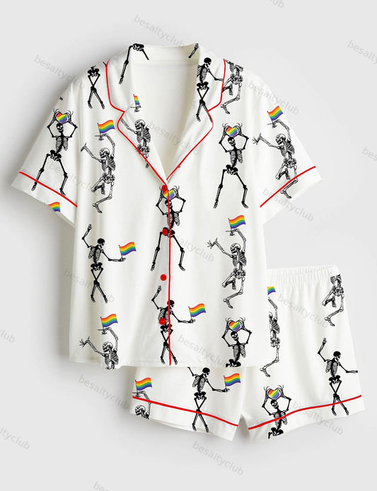 Skeleton Pride Rainbow LGBTQ Funny Gay Pride Print Short Sleeve Satin Pajama Set