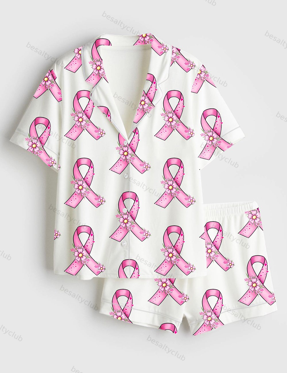 Pink Ribbon Breast Cancer Awareness Garden Flowers Faith Hope Love Print Short Sleeve Satin Pajama Set
