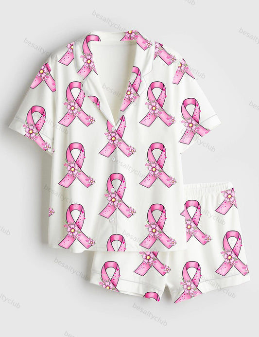 Pink Ribbon Breast Cancer Awareness Garden Flowers Faith Hope Love Print Short Sleeve Satin Pajama Set