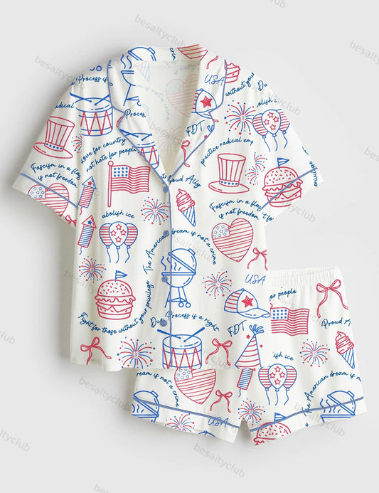Liberal Fourth Of July Liberal Patriotic Secret Subtle Message American FDT Print Short Sleeve Satin Pajama Set