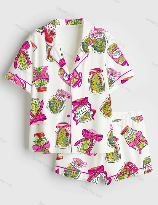 Pickle Lover Pink Bows Short Sleeve Satin Pajama Set