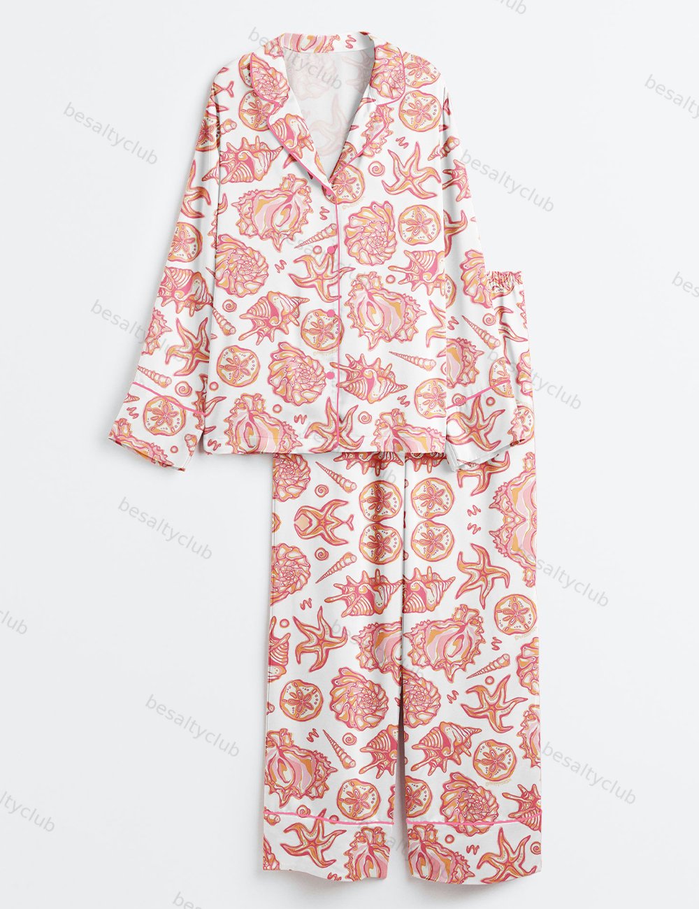 Colorful Shells Coastal Vibe Beach Lover Summer Accessory Long Sleeve Satin Pajama Set