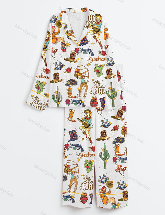 Western Cowboys Yeehaw Stay Wild Long Sleeve Satin Pajama Set