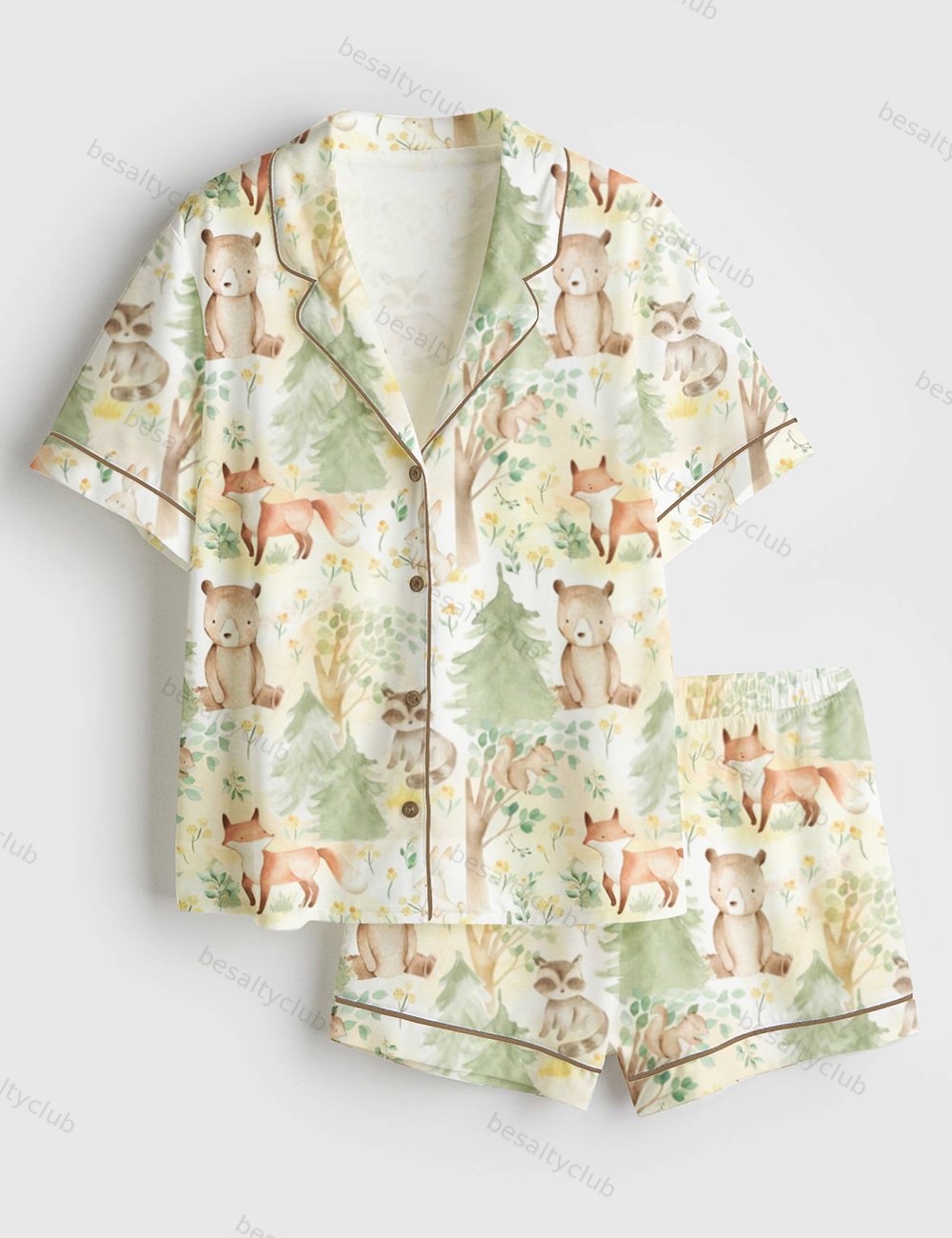 Forest Nursery Nature Woodland Animals Friends Baby Fox, Bear, Squirrel, Raccoon, And Bunny Short Sleeve Satin Pajama Set