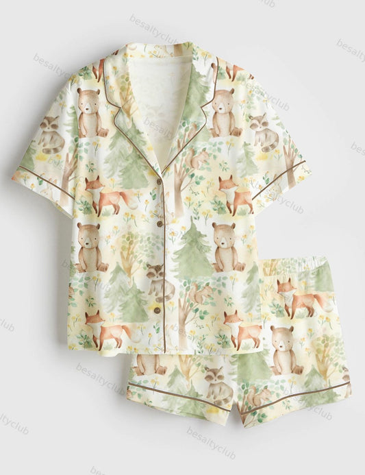 Forest Nursery Nature Woodland Animals Friends Baby Fox, Bear, Squirrel, Raccoon, And Bunny Short Sleeve Satin Pajama Set