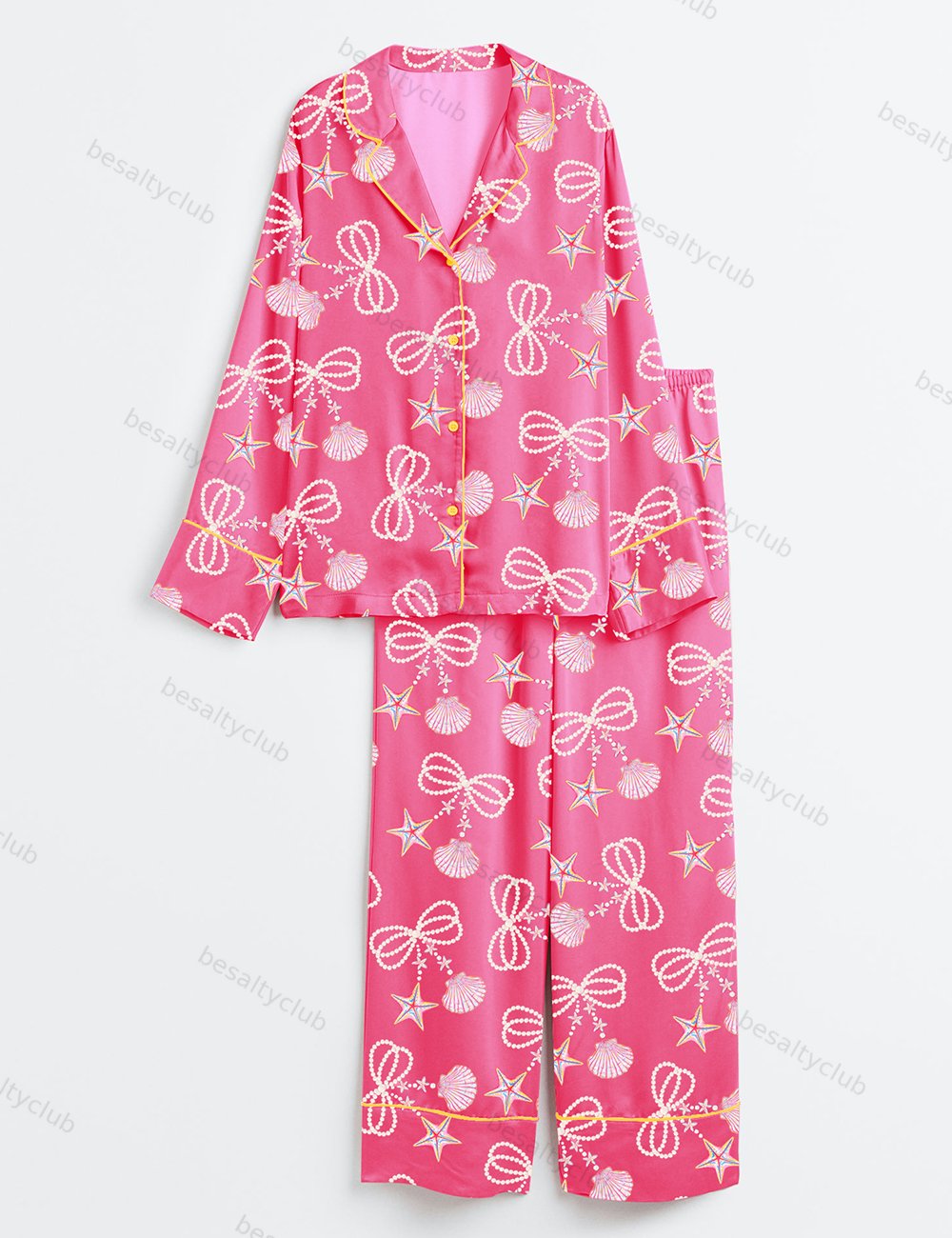 Coquette Pearl Bow Summer Vibes Pink Clam Summer Beach Print Long Sleeve Satin Pajama Set