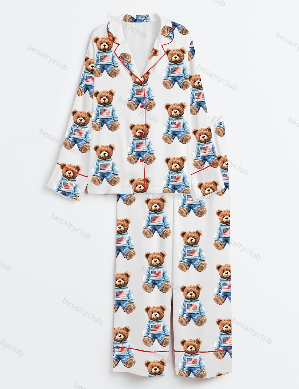4th Of July Watercolor Bear Long Sleeve Satin Pajama Set