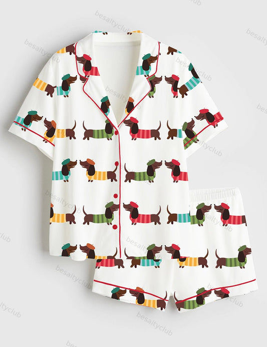 Adorable Dachshund Dog Short Sleeve Satin Pajama Set