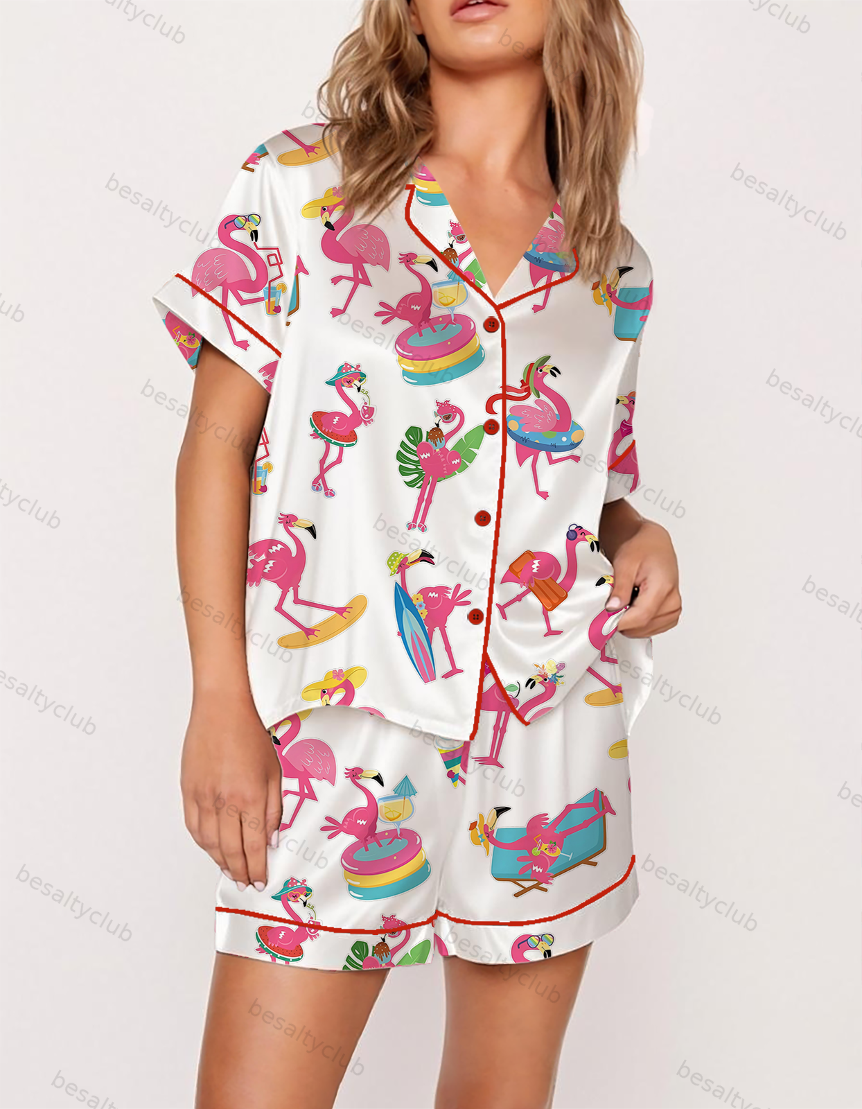 Beachy Vacay Flamingos Satin Pajama Set