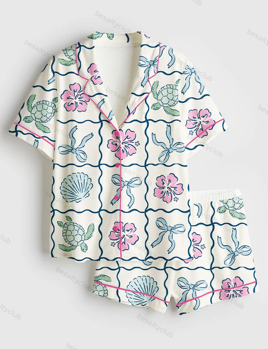 Summer Turtles Summer Beach Bows In Blue Print Short Sleeve Satin Pajama Set