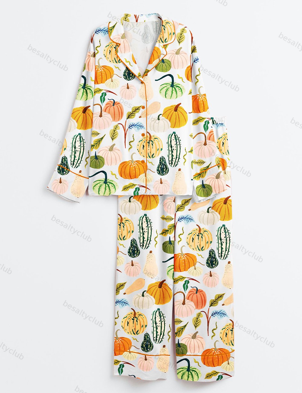 Watercolor Pumpkins Fall Season Fall Leaves Girl Pumpkin Spice Autumn Pumpkin Halloween Long Sleeve Satin Pajama Set