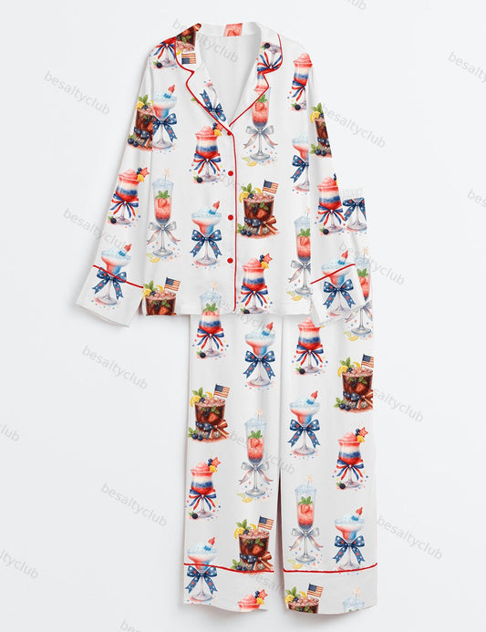 4th Of July Champagne Cocktail Patriotic Sparkler Cocktail Long Sleeve Satin Pajama Set