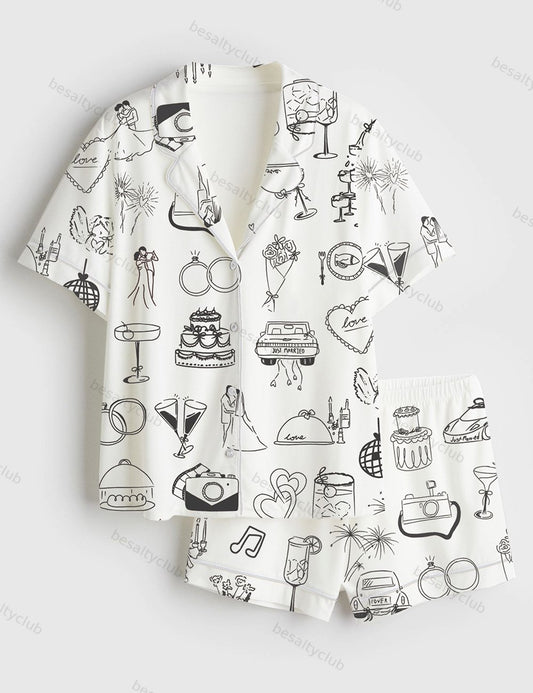 Whimsical Hand Drawn Wedding Timeline Icons Champagne Wedding Print Short Sleeve Satin Pajama Set