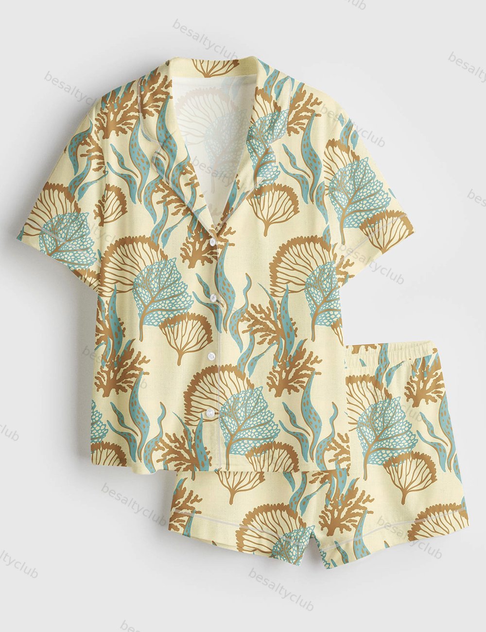 A Calming Coastal Coral Creation Short Sleeve Satin Pajama Set