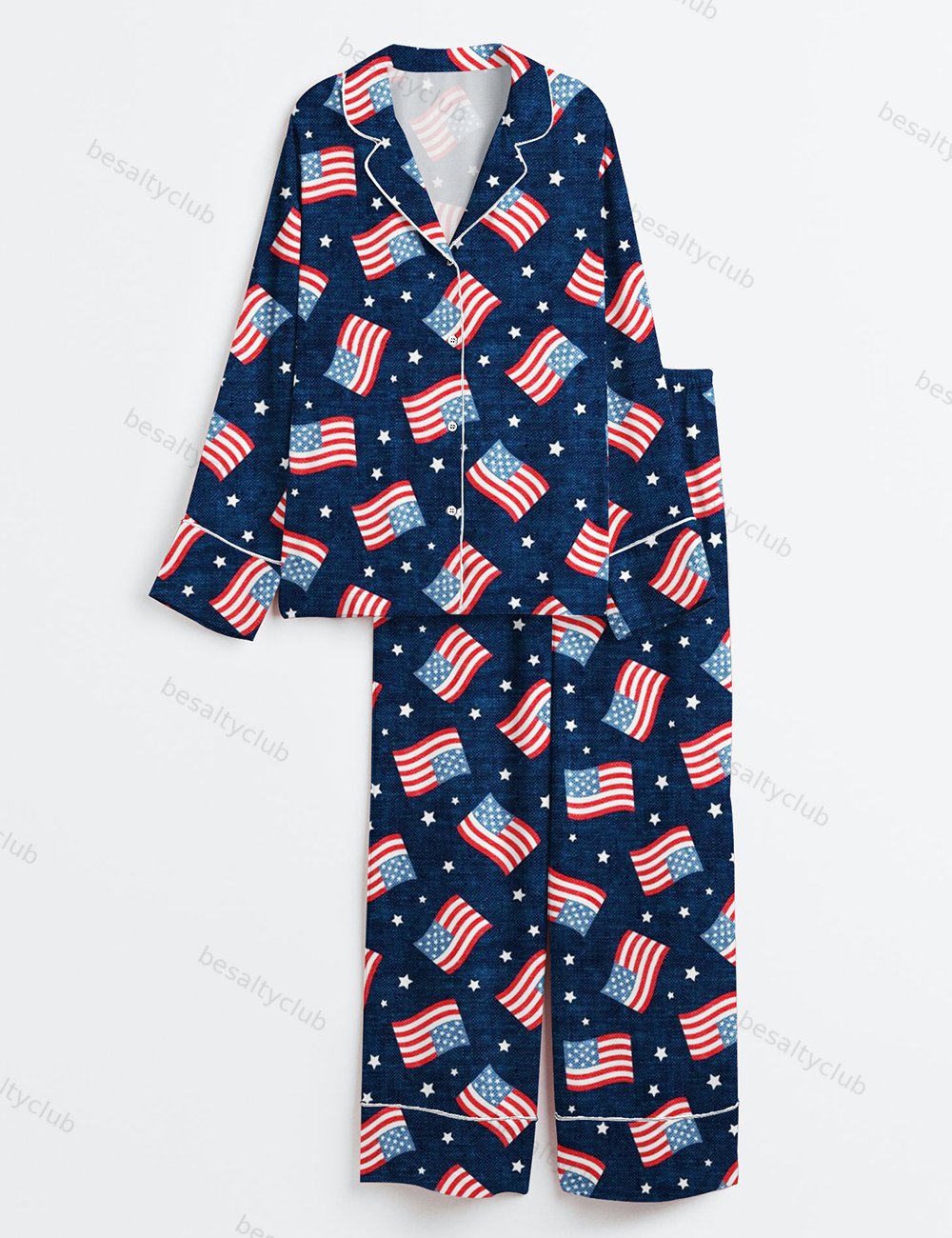 Fourth Of July Red White Blue USA Flag America Stars And Flags Long Sleeve Satin Pajama Set