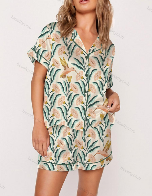 Golden Hummingbirds Satin Pajama Set
