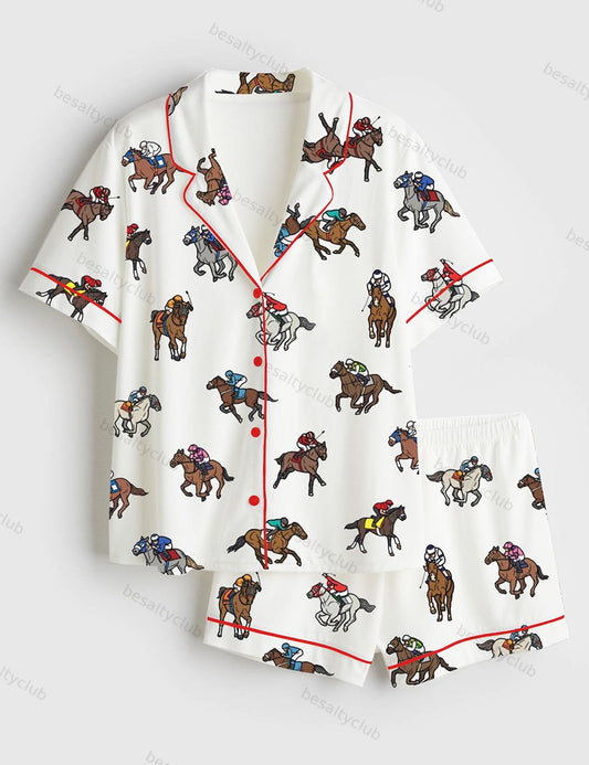 Derby Horse Racing Kentucky Derby 2025 Equestrian Jockey Print Short Sleeve Satin Pajama Set