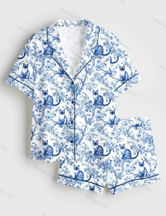 Siamese Cat Cat Lover Short Sleeve Satin Pajama Set