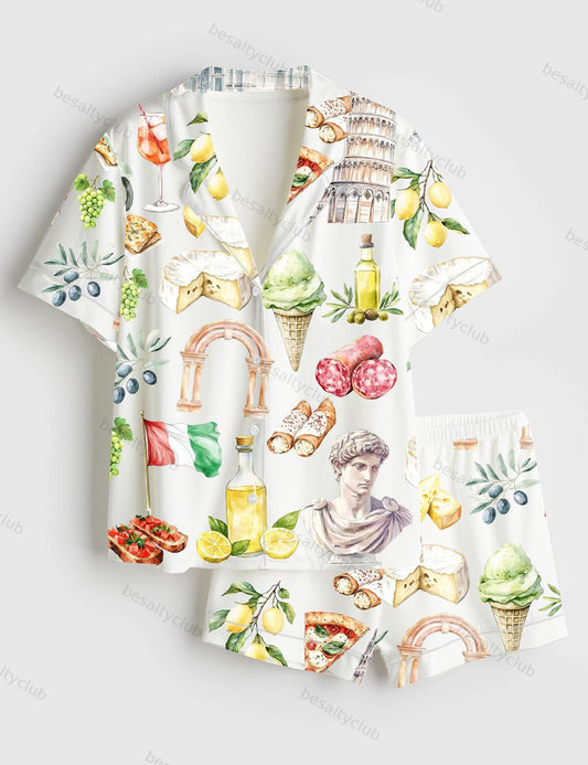 Watercolor Italy Mediterranean Summer Amalfi Coast Rome Italian Food Olives Lemons Pizza Pasta Print Short Sleeve Satin Pajama Set